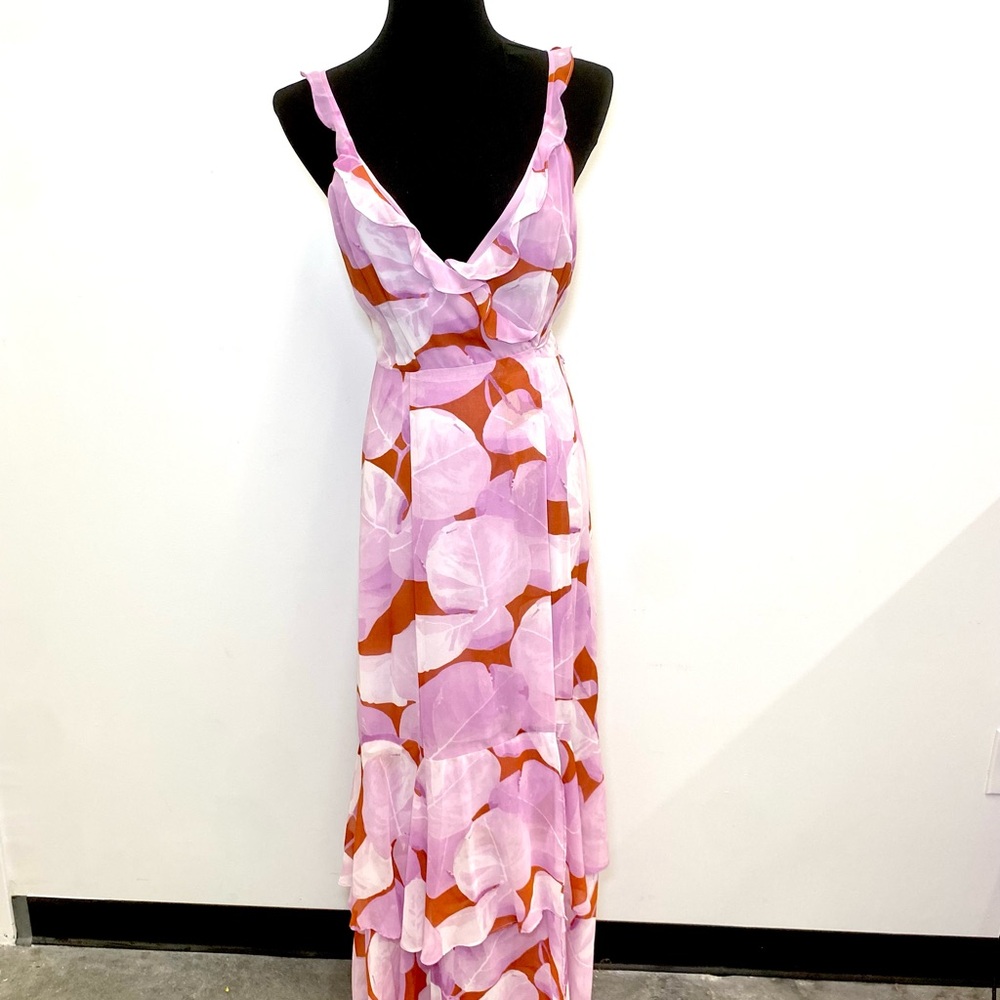Anthropologie Purple, cream and brown Leaf Print Maxi Dress